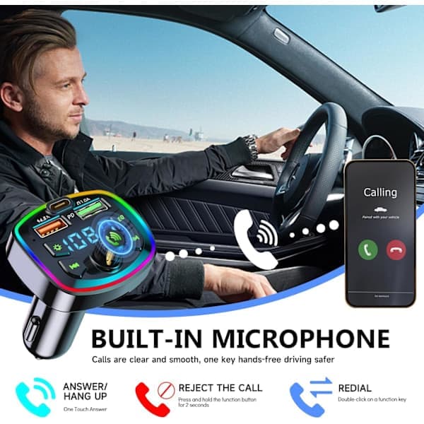 Bluetooth-auton FM-lähetin Bluetooth 5.0 Autotarvikkeet, Handsfree Bil Bluetooth, Bluetooth Bilmusikadapter, 2 USB + Type C [4.8A + 18W