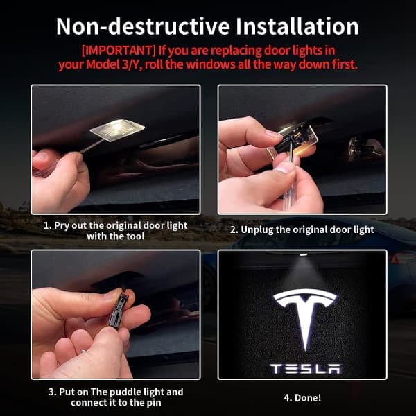 4 stk. Tesla Dørprojektor Logo Lys, Ultralet LED 3D Laser Ghost Shadow Lys, Velkomstlys til Model 3 YSX Tilbehør