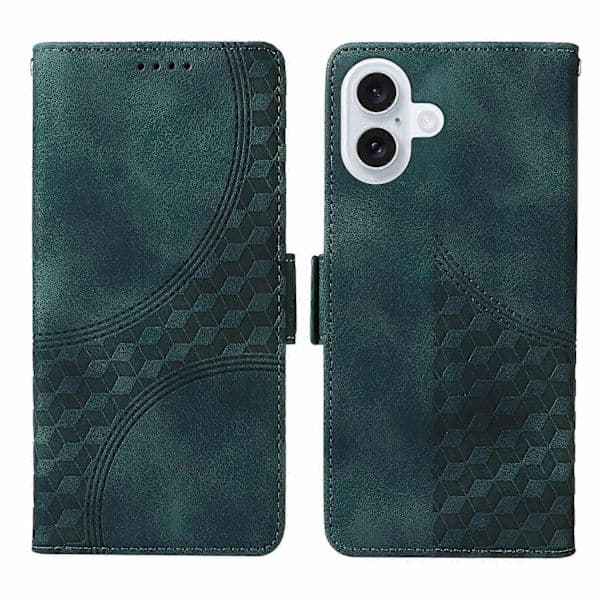 Kompatibel med iPhone 17 Läderplånboksfodral, rombmönstrad design, stativ med rem – Perfekt grön Green