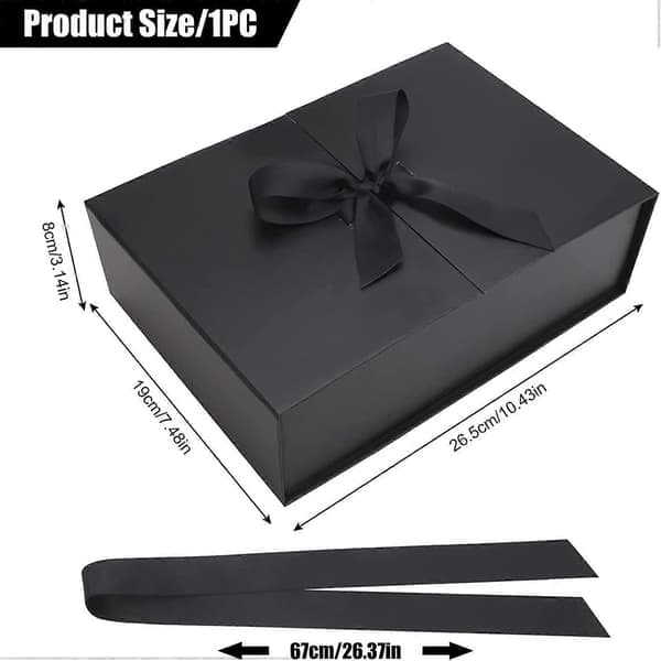 Lyxig presentförpackning med band, vikbar presentask för presenter med lock 26.5x19x8cm Svart