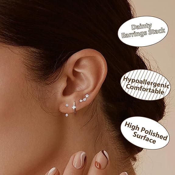 3 Sterling Sølv Stud Hoop Øreringe Sæt til Kvinder 14K Guldbelagte Øreringe Stakke Små Fine Stud Hoop Øreringe Sæt til Flere Huller