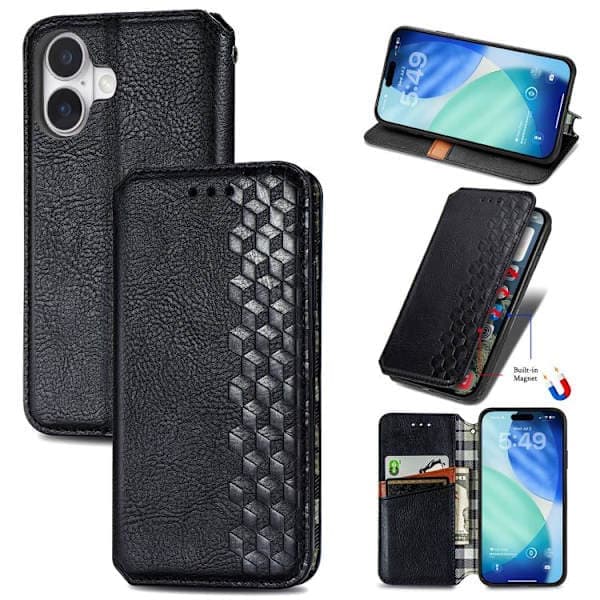 iPhone 17 Etui Læderetui med Kubisk Ternmønster og Magnetisk Lukning Sort Sort