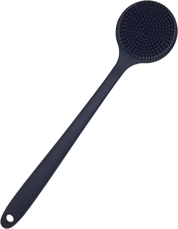 Selänpesuharja suihkuun, pehmeä silikoninen vartaloharja pitkällä varrella, musta Black
