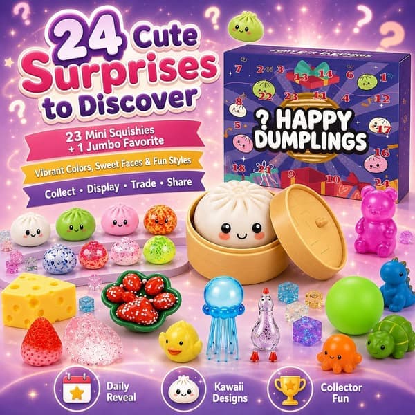 Dumpling Squishies Julekalender, 24 Squishies Dumpling Mysterium Nedtelling Julekalender, Mysterium Nedtelling for Stress (Lilla)