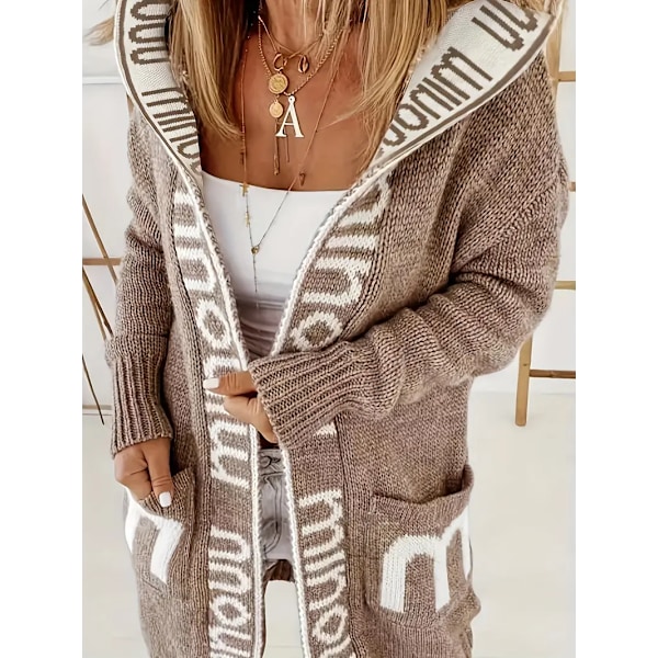 Strikkede Cardigan med Vandfaldskrave og Bogstavprint, Afslappet Langærmet Trøje med Hætte og Lommer, Kvinder Light Brown M