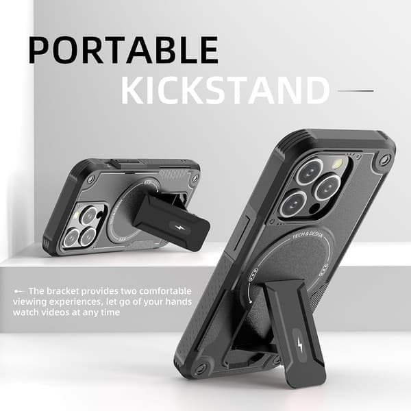 Magnetisk iPhone-deksel med stativ, kompatibelt med MagSafe, solid innebygd stativ, støtsikkert med militærgradert fallbeskyttelse, størrelse iPhone 15 Pro Black iPhone 15 Pro