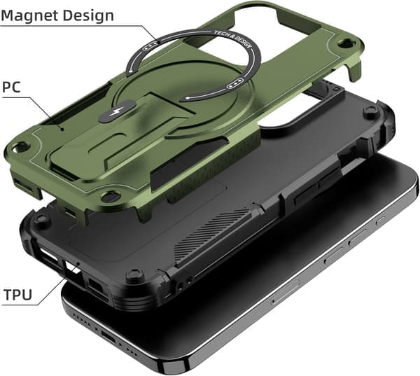Magnetisk iPhone-deksel med stativ, MagSafe-kompatibel, solid innebygd stativ, fallbeskyttelse i militærklasse, størrelse iPhone 15 Plus Green iPhone 15 Plus