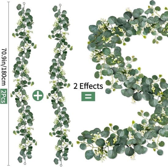 Kunstig plantedekorasjon - Eukalyptuskrans - 1,8 meter med grønne blader og hvite blomster - Grønn - 2 stk