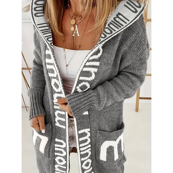 Strikkede Cardigan med Vandfaldskrave og Bogstavprint, Afslappet Langærmet Trøje med Hætte og Lommer, Kvinder Grey M