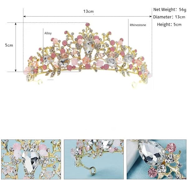 Rosa krystalltiara for barn - Prinsesse Rhinestone krone hårbøyle, bryllup, bursdag, konfirmasjonstilbehør