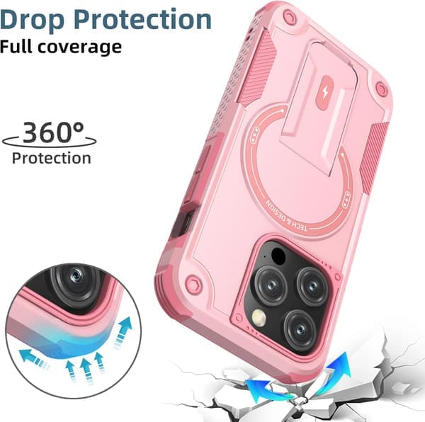 Magnetisk iPhone-deksel med stativ, MagSafe-kompatibel, solid innebygd stativ, støtsikker med militærgradert fallbeskyttelse, størrelse iPhone 15 Pink iPhone 15