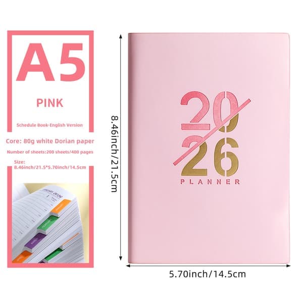 A5-planlegger, 2026-kalender, engelsk planlegger, 156 sider, én side per dag, gullfolieomslag (rosa) pink