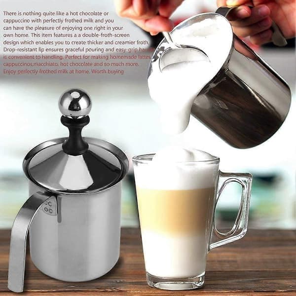 Manuel mælkeskummer, mælkeskummer i rustfrit stål til cappuccino og café latte, 400 ml