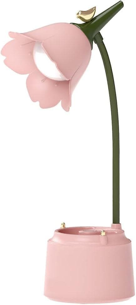 (Rosa) LED skrivebordslampe for barn, USB oppladbar blomster- og fugledesign D