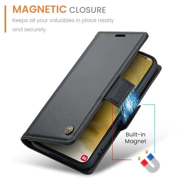 Samsung S23 - Kotelo Premium Leather RFID Protected CaseMe Musta Musta