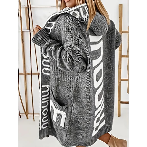 Strikkede Cardigan med Vandfaldskrave og Bogstavprint, Afslappet Langærmet Trøje med Hætte og Lommer, Kvinder Grey M