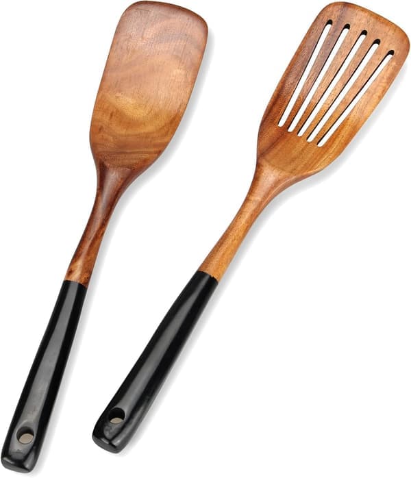 2-delat set med träslev för matlagning, giftfria köksredskap i teak, hålslev, pannkaksspadar i trä, bambu