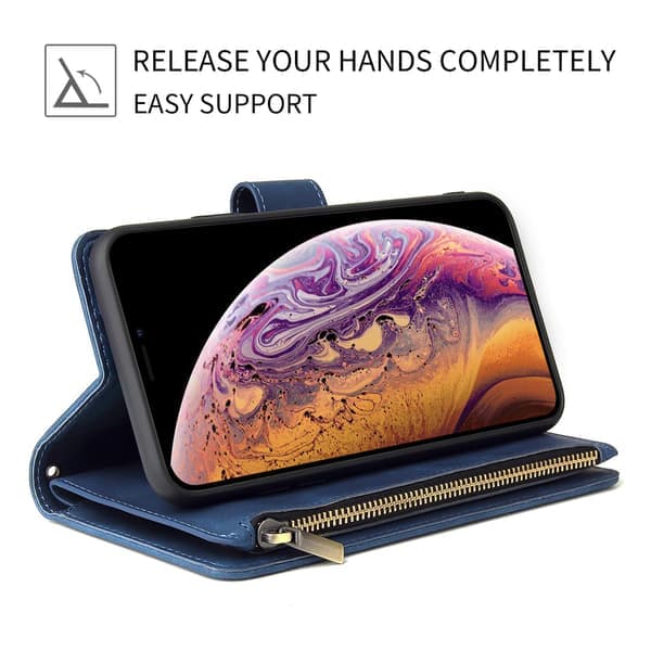Plånboksfodral för Iphone 11, Blixtlåsplånbok, Ställfunktion, Kortplatser med handledsrem, Stötsäker TPU Flip för Iphone 11 - Blå