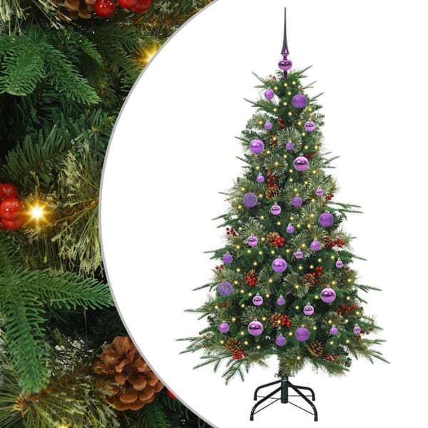 Juletræ i plast med hængsler og 150 LED-lys Grøn 150 cm PE og PVC