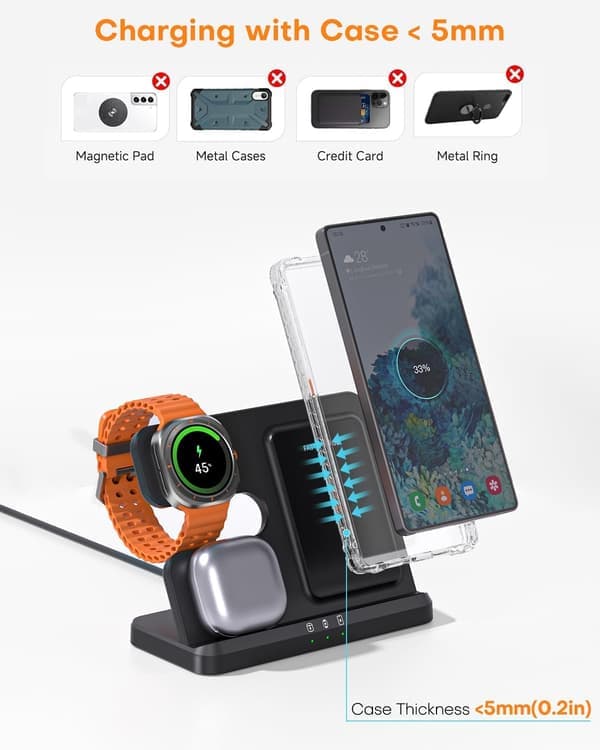 Trådløs oplader til Samsung ladestation: 3 i 1 Galaxy Watch oplader, adapter inkluderet, sort