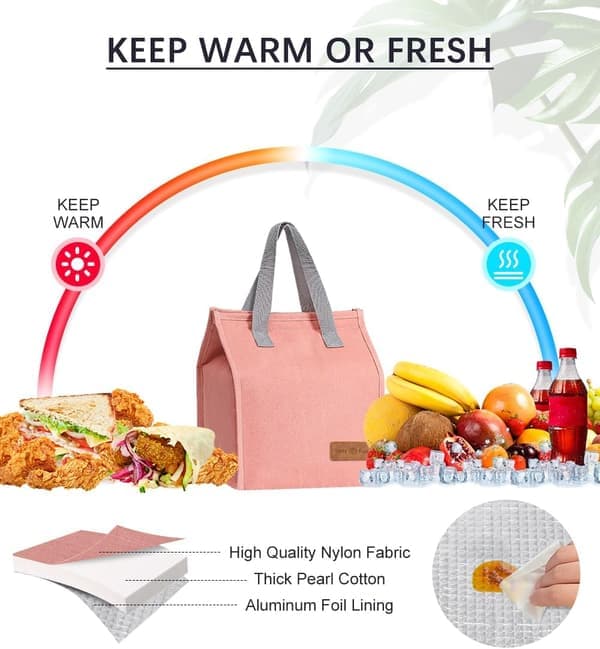 Lunchväskor för kvinnor män, bärbar isolerad lunchväska vatten - resistent läckagesäker boxväska för barn flickor pojkar vuxna rosa Pink