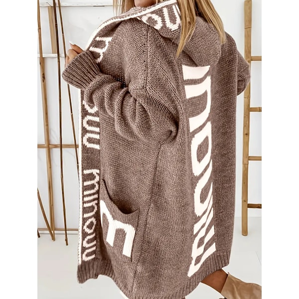 Strikkede Cardigan med Vandfaldskrave og Bogstavprint, Afslappet Langærmet Trøje med Hætte og Lommer, Kvinder Light Brown L