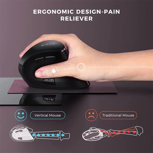 Ergonomisk mus, trådløs vertikal mus Genopladelig optisk mus til multifunktionel brug (Bluetooth 5.0+ Bluetooth 3.0+USB-forbindelse) Sort