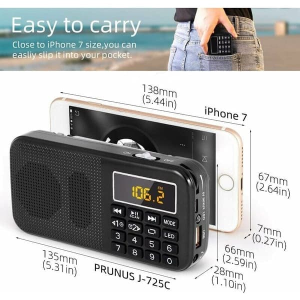 Bärbar radio, FM-radio med uppladdningsbart batteri med stor kapacitet (3000mAh), stöder MP3/SD/USB/AUX, svart