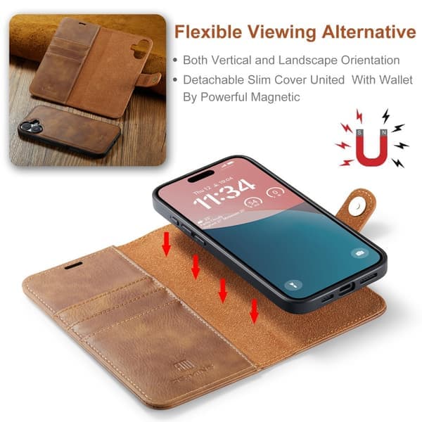 DG MING iPhone 16 2-i-1 Magnet Pung Casual - Brun Brun