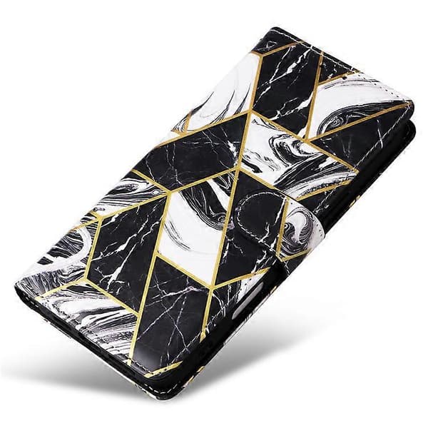 iPhone 16 Pro Max Skal Lackad Marmormönster, Kortfack Plånbok Läderfodral Black