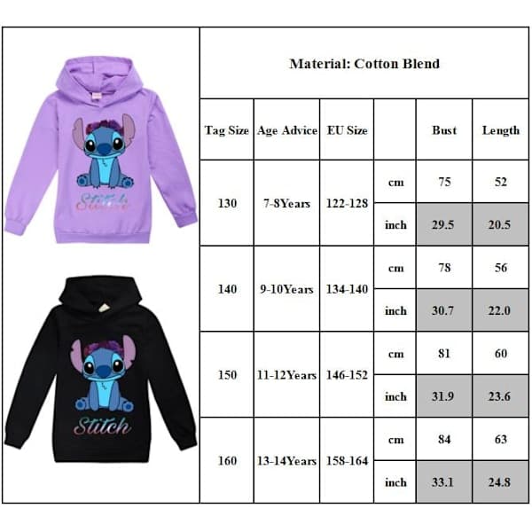 Lilo & Stitch Børne Hættetrøje Sweatshirt Casual Langærmet Sort 140cm black 140cm