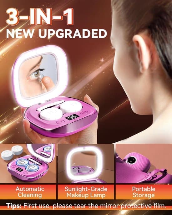 Ultralydsrenser - Kontaktlinserenseapparat - Ultralydsrenser til kontaktlinser - med LED-lys og makeupspejl lydløs