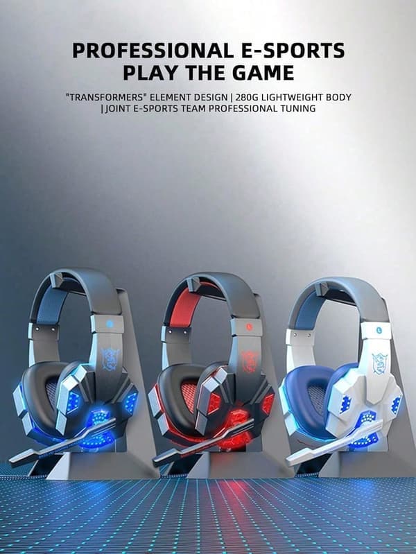 Bass HD Gaming Headset, Blått LED-lys, Pustende nettingøreklokker, 7.1 Surroundlyd