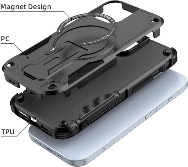 Magnetisk iPhone-deksel med stativ, kompatibelt med MagSafe, solid innebygd stativ, støtsikkert med fallbeskyttelse i militærklasse, størrelse iPhone 15 Black iPhone 15