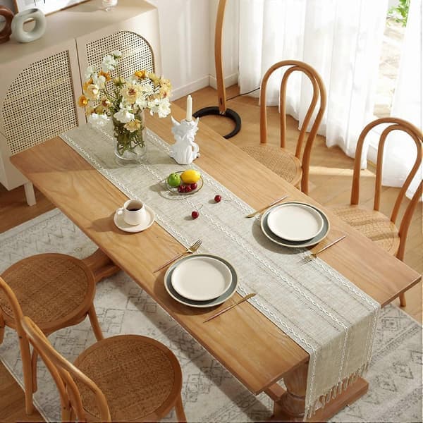 Rustikk linservietter med håndlaget dusk, landlig stil, 183 cm lang, 33 x 183 cm (brun, 183 x 33 cm)