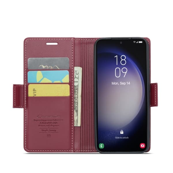 Samsung Galaxy S24 Scale CaseMe 023 Butterfly Buckle Litchi Texture RFID Antitheft Leather Wine Tired Vinrött