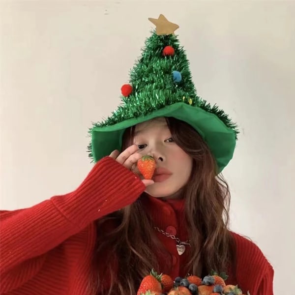 Julgranhatt med Stjärna Glittrande Paljetter Julgranformade Hattar Vuxna Cosplay Rekvisita för 2024 Navidad Nyårsfesttillbehör Gold and Green
