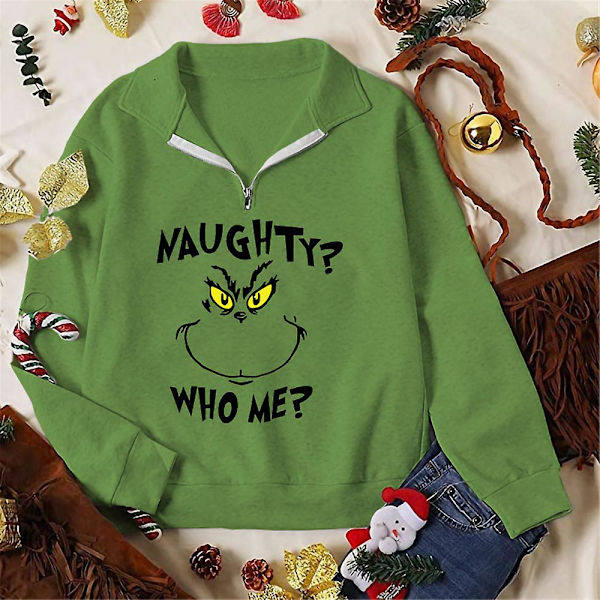 Glædelig Jul Julemand Grinch Zip V-hals Sweatshirt Kvinder Julegave Sjov Grøn Monster Print Langærmet Trøje style 4 XL