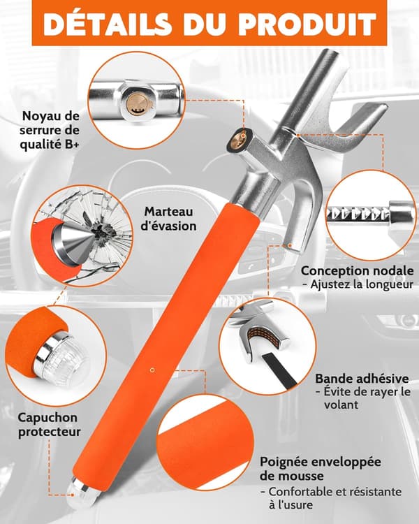 Tevlaphee Auton Varkaudenestolaite - Ohjauspyörän Lukitustanko, Ajoneuvon Turvallisuus, Oranssi Orange