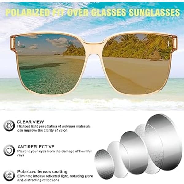Oversized polariserede solbriller, der passer over briller til kvinder, UV400-beskyttelse, skinnende linser