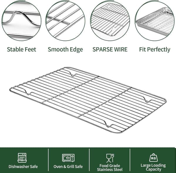 Bageplader + 2 riste, bageplader i rustfrit stål, robuste og opvaskemaskine - sikre plader til ovn, størrelse 23 x 18 x 2,5 cm