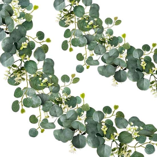 Kunstig plantedekorasjon - Eukalyptuskrans - 1,8 meter med grønne blader og hvite blomster - Grønn - 2 stk