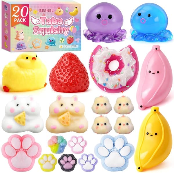 20-pack Squishy Fidget-leksaker, Inkluderar Squishies Kyckling, Kattassar, Hamster, Jordgubbsleksaker, Sensoriska för Barn, Klassrumsfödelsedagspresenter (11