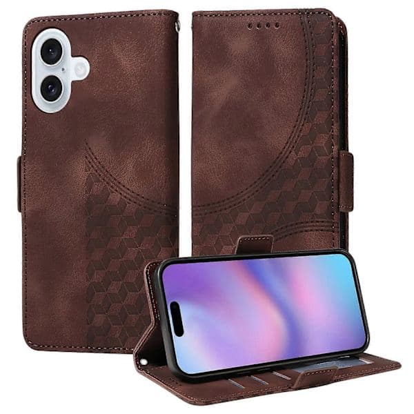 Kompatibel med iPhone 17 Läderplånboksfodral, rombmönstrad design, stativ med rem – Perfekt Brun Brown