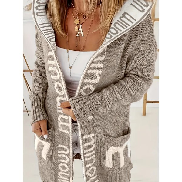 Strikkede Cardigan med Vandfaldskrave og Bogstavprint, Afslappet Langærmet Trøje med Hætte og Lommer, Kvinder Khaki M