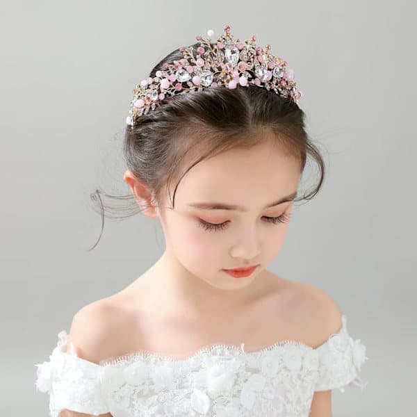 Rosa krystalltiara for barn - Prinsesse Rhinestone krone hårbøyle, bryllup, bursdag, konfirmasjonstilbehør