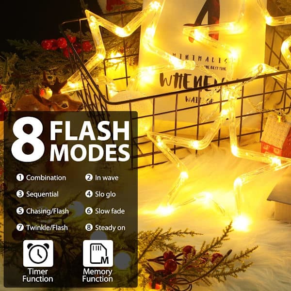 Julevinduslys utendørs, 3 stjernelamper 30 LED batteridrevet timer, 8 moduser varm hvit [mo]