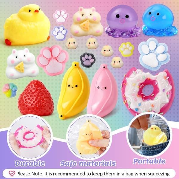 20-pack Squishy Fidget-leksaker, Inkluderar Squishies Kyckling, Kattassar, Hamster, Jordgubbsleksaker, Sensoriska för Barn, Klassrumsfödelsedagspresenter (11