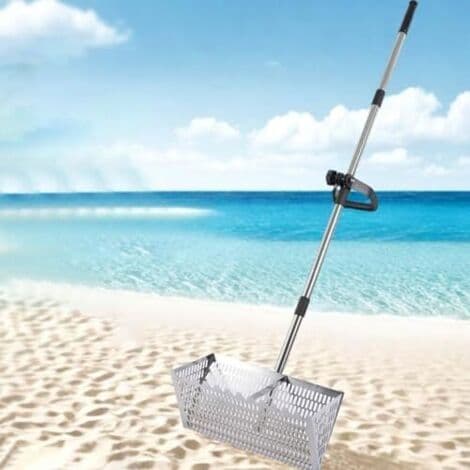 40 cm strandrive, strandsandspade i rustfritt stål med stor trapesformet kurv, langt avtakbart håndtak for sikting