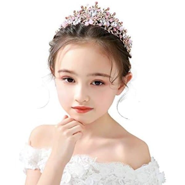 Rosa krystalltiara for barn - Prinsesse Rhinestone krone hårbøyle, bryllup, bursdag, konfirmasjonstilbehør